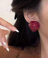 Handmade Red PU Rose Stud Earrings